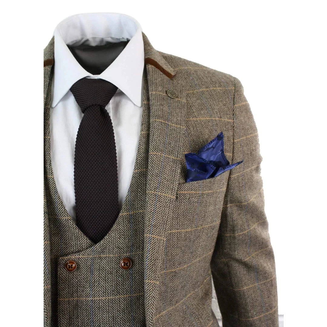 Marc Darcy - 3 Piece Brown Tweed Suit With Double Breasted Waiscoat