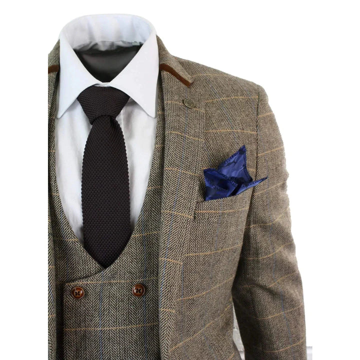 Marc Darcy - 3 Piece Brown Tweed Suit With Double Breasted Waiscoat