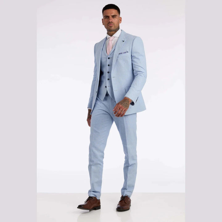 Mens 3 Piece Linen Suit Summer Breathable Wedding Cotton Baby Blue Light