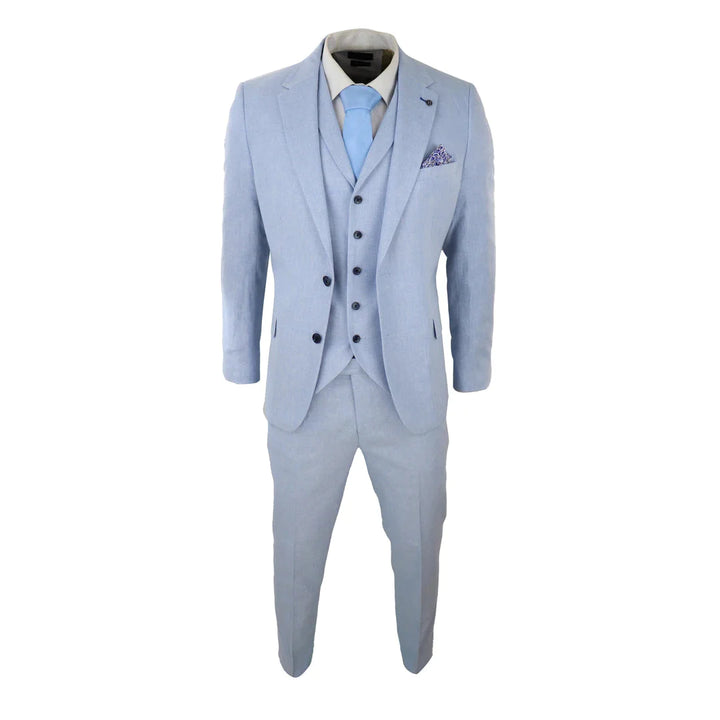 Mens 3 Piece Linen Suit Summer Breathable Wedding Cotton Baby Blue Light