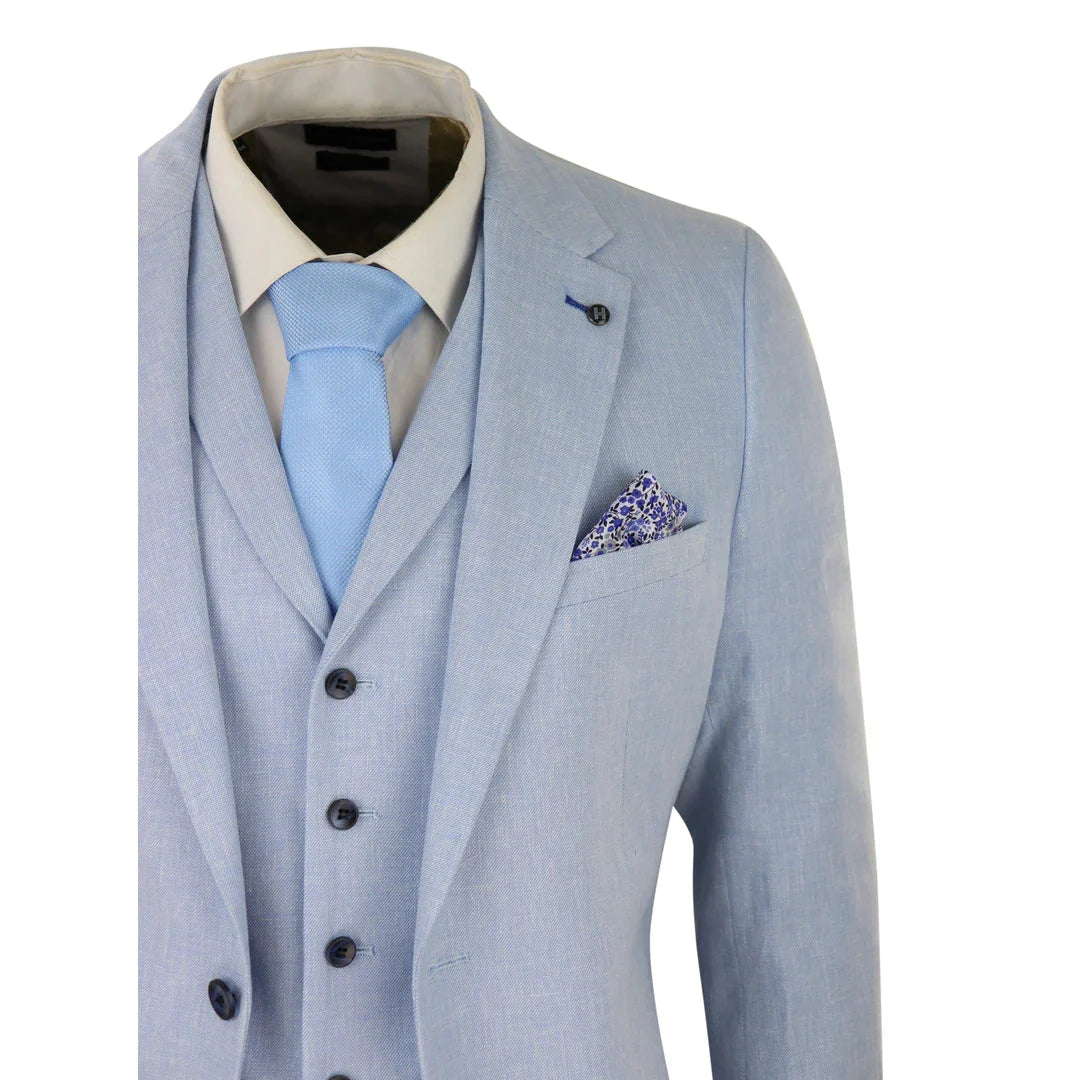 Mens 3 Piece Linen Suit Summer Breathable Wedding Cotton Baby Blue Light