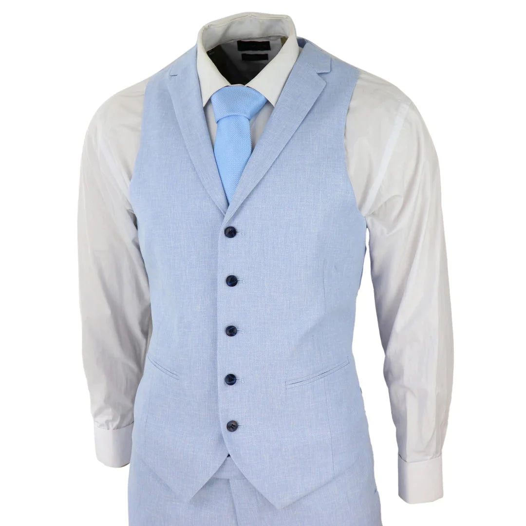 Mens 3 Piece Linen Suit Summer Breathable Wedding Cotton Baby Blue Light