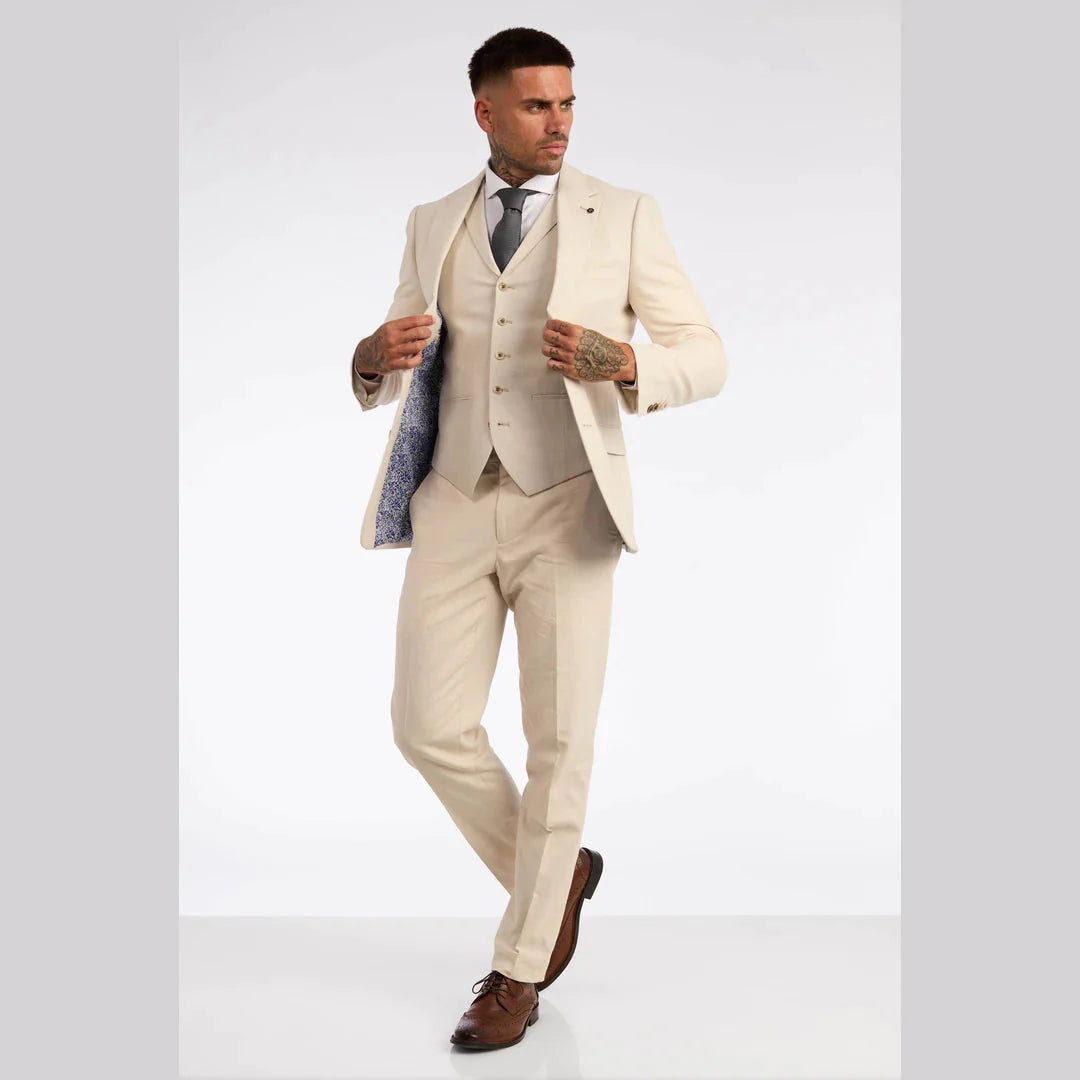 Mens 3 Piece Linen Suit Summer Breathable Wedding Cotton Cream Beige