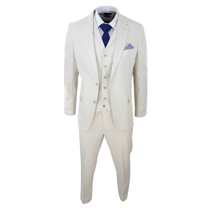 Mens 3 Piece Linen Suit Summer Breathable Wedding Cotton Cream Beige