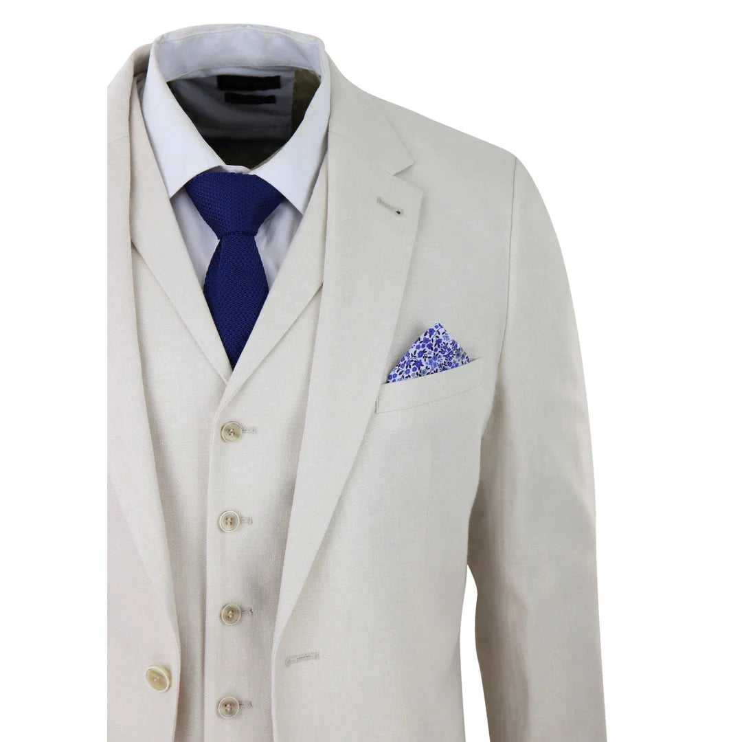 Mens 3 Piece Linen Suit Summer Breathable Wedding Cotton Cream Beige