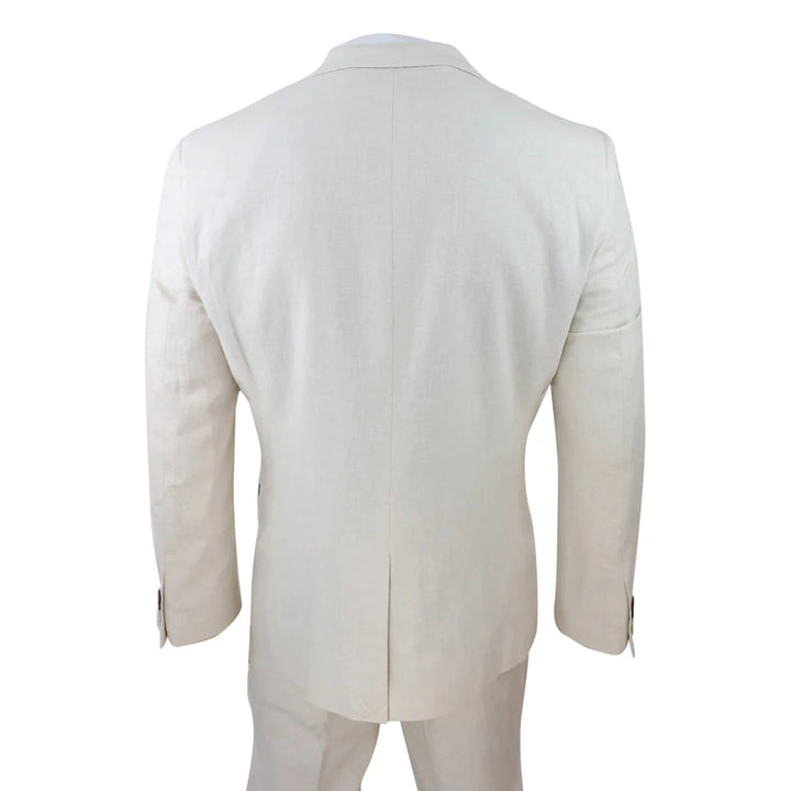 Mens 3 Piece Linen Suit Summer Breathable Wedding Cotton Cream Beige