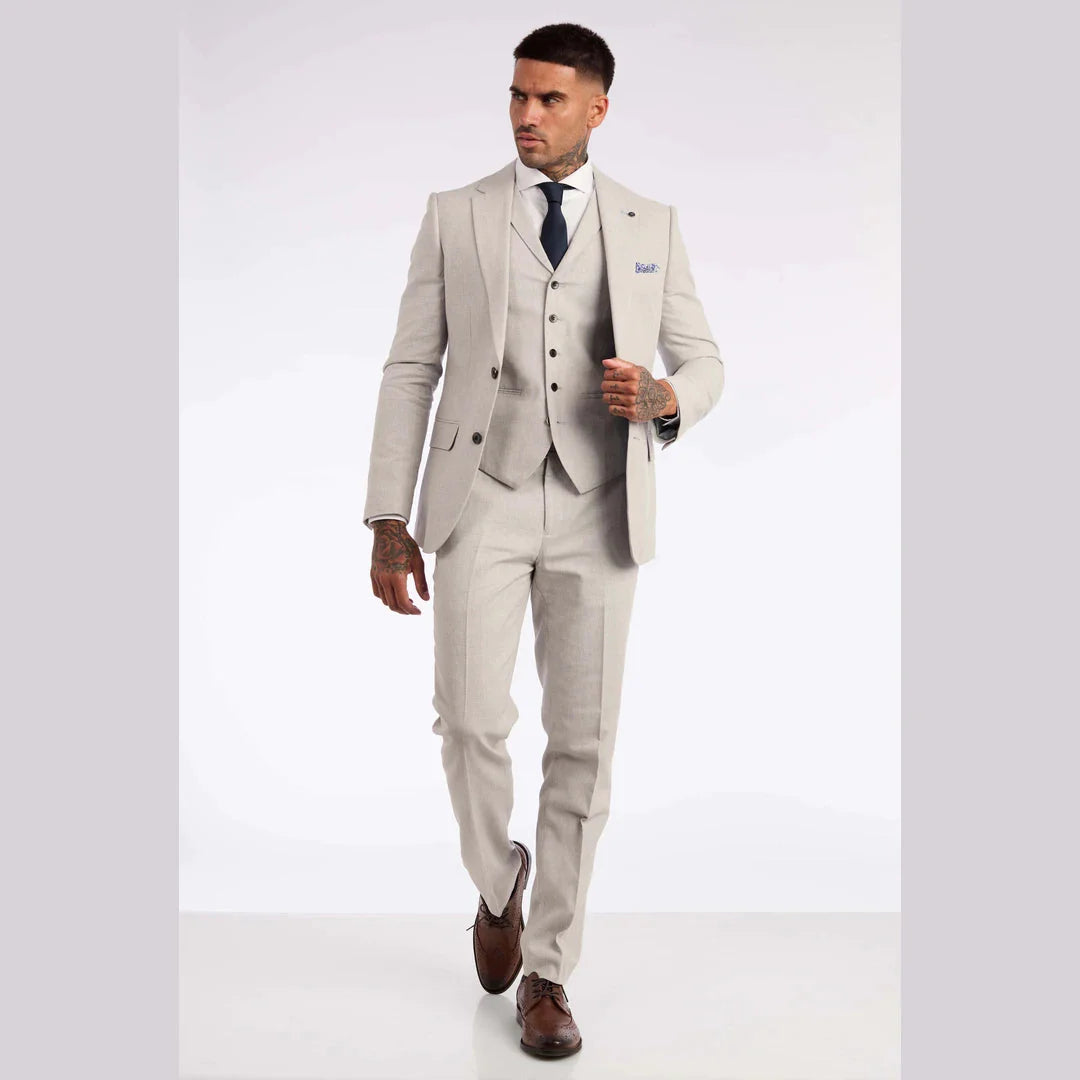 Mens 3 Piece Linen Suit Summer Breathable Wedding Cotton Light Grey