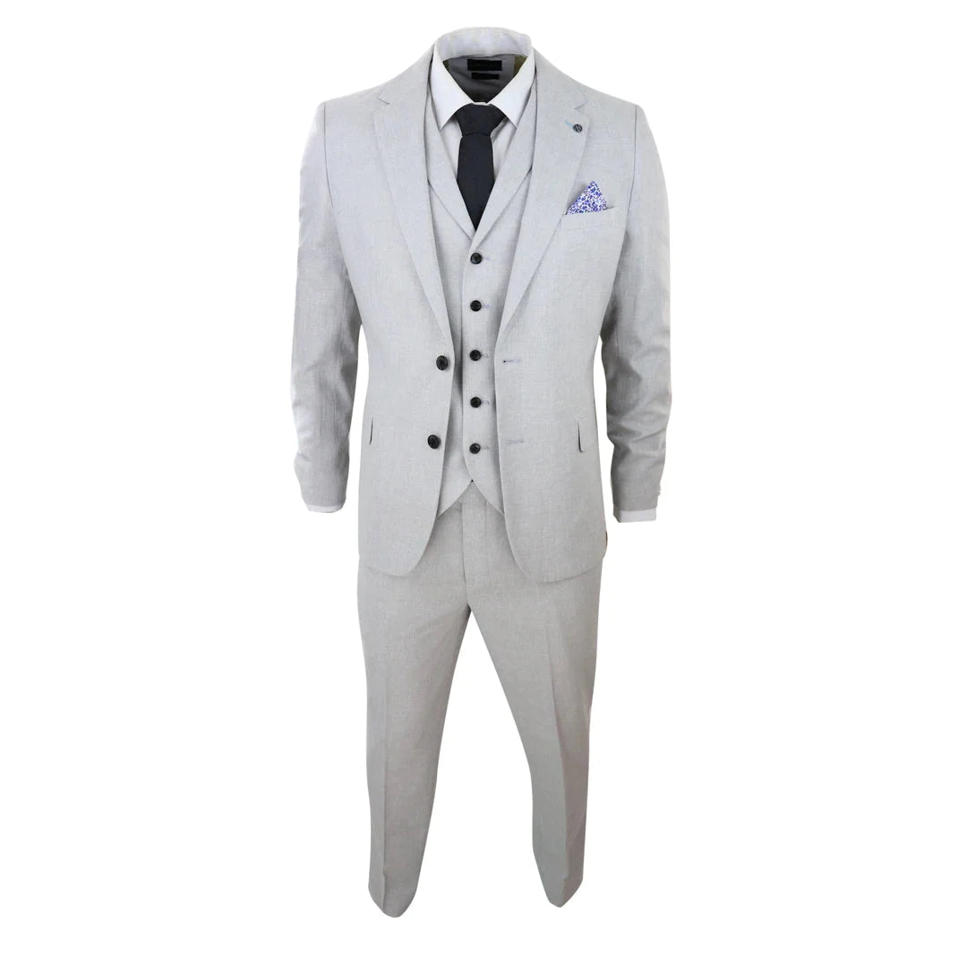 Mens 3 Piece Linen Suit Summer Breathable Wedding Cotton Baby Blue