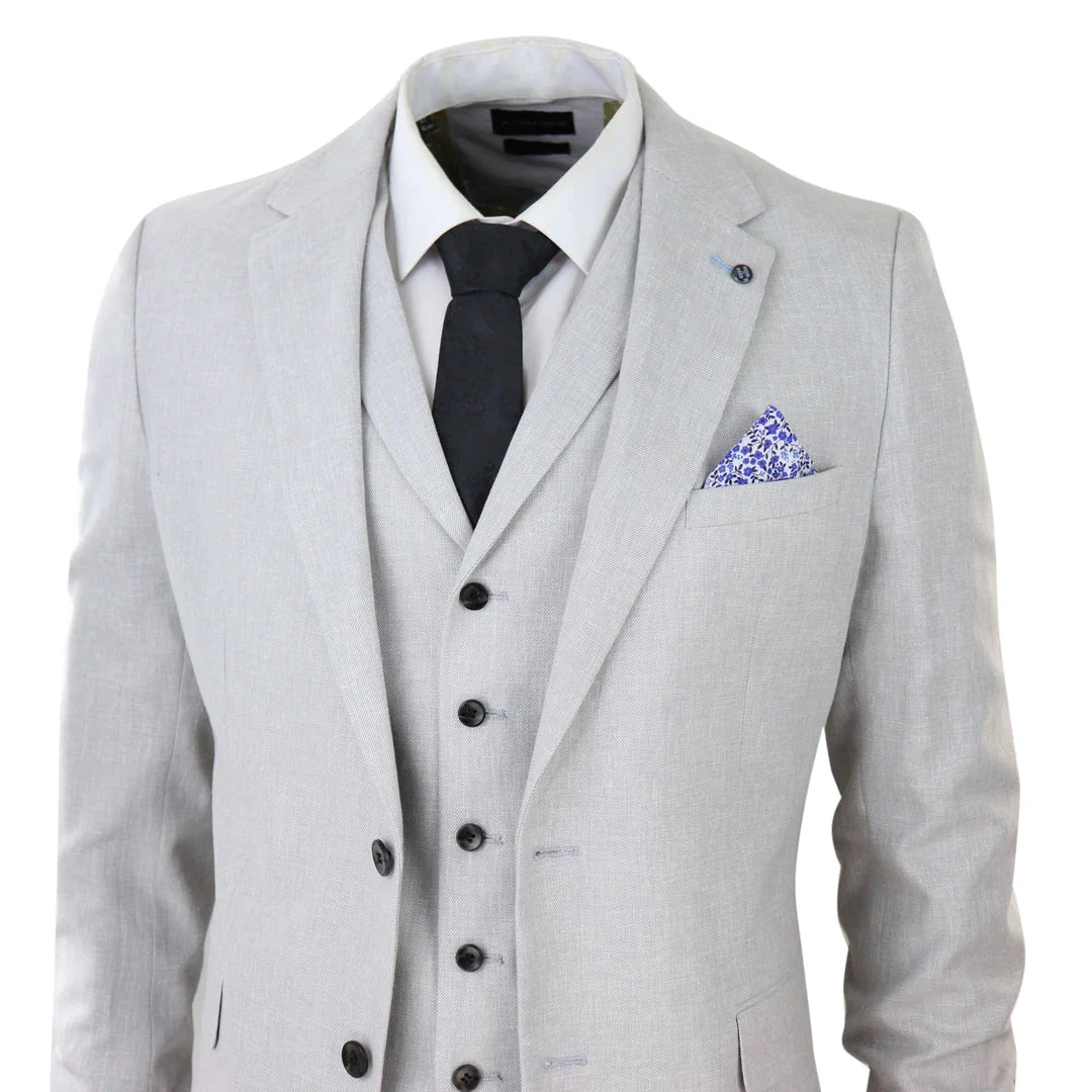 Mens 3 Piece Linen Suit Summer Breathable Wedding Cotton Light Grey