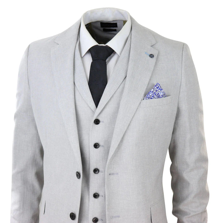 Mens 3 Piece Linen Suit Summer Breathable Wedding Cotton Light Grey