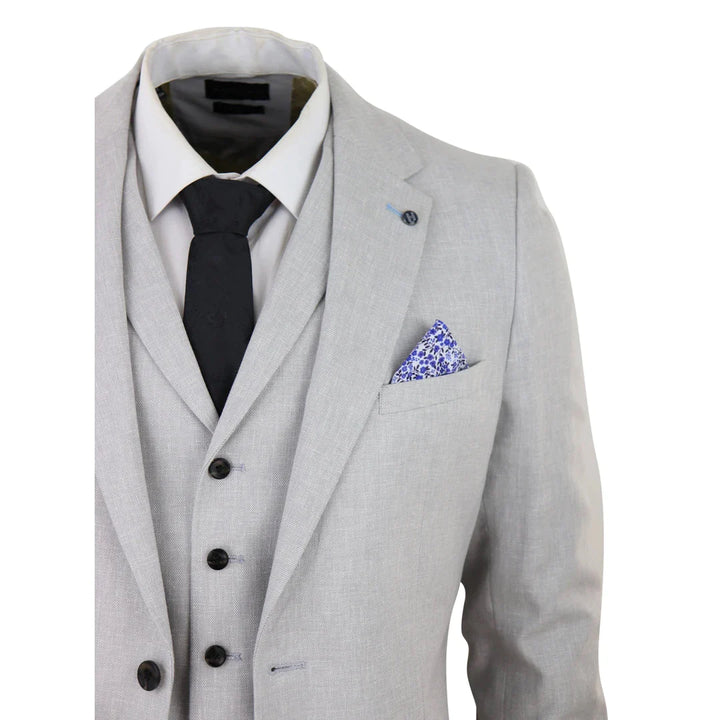 Mens 3 Piece Linen Suit Summer Breathable Wedding Cotton Light Grey