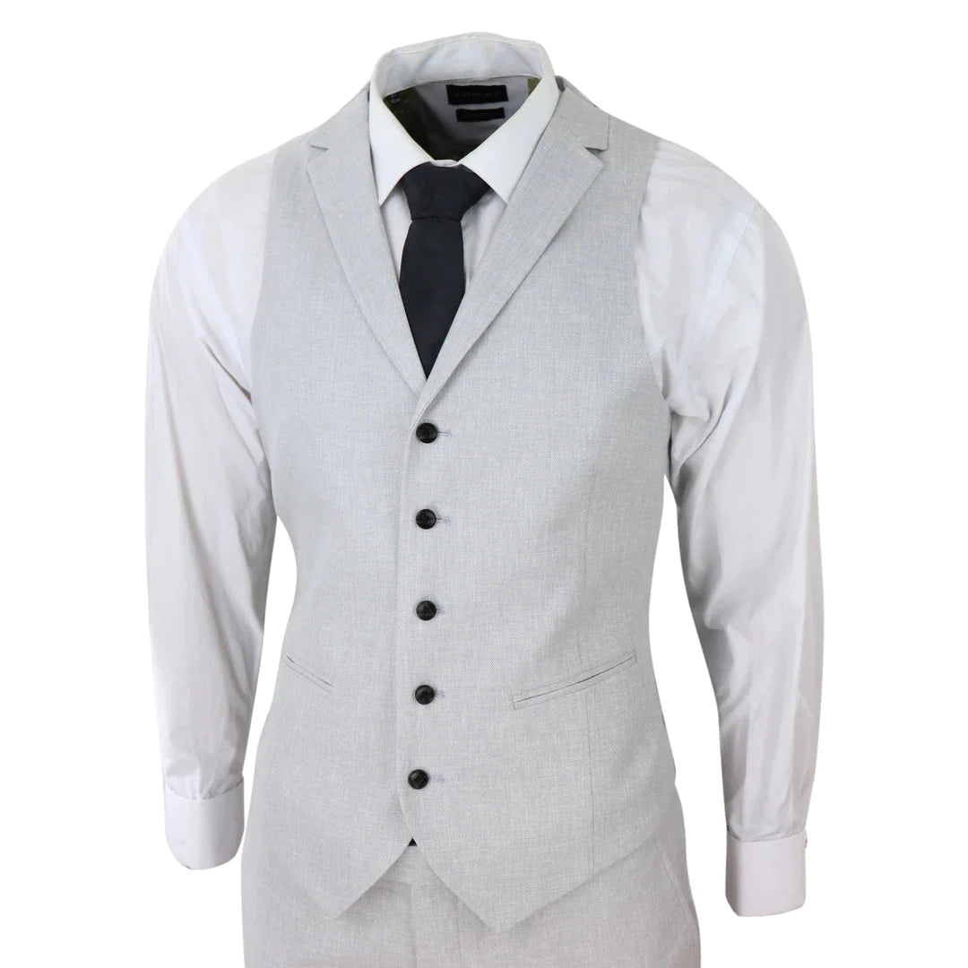 Mens 3 Piece Linen Suit Summer Breathable Wedding Cotton Light Grey