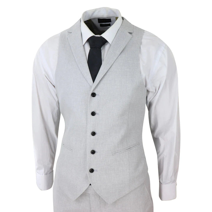 Mens 3 Piece Linen Suit Summer Breathable Wedding Cotton Light Grey