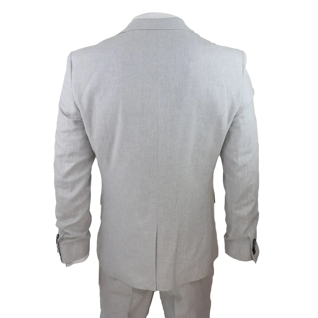 Mens 3 Piece Linen Suit Summer Breathable Wedding Cotton Light Grey