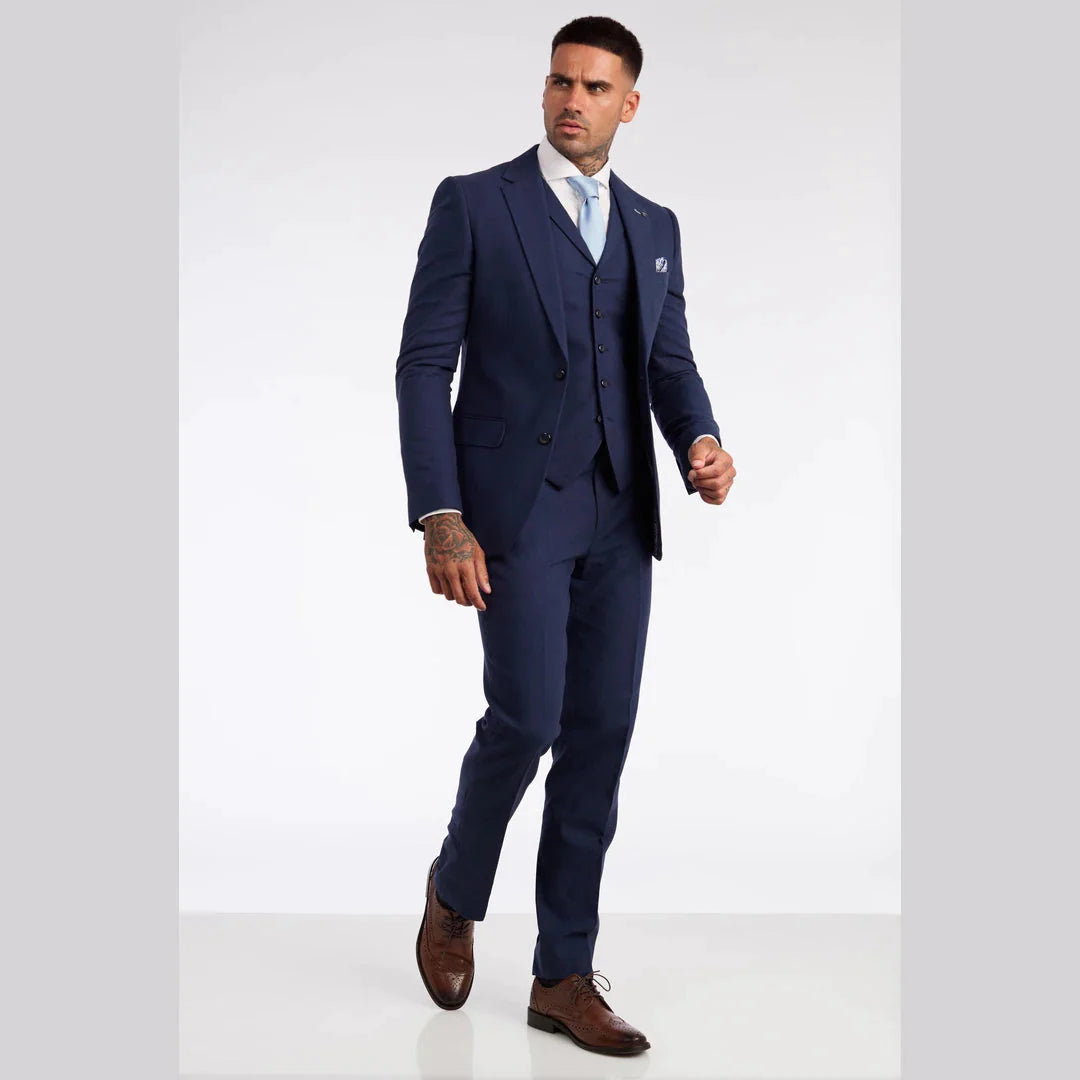 Mens 3 Piece Linen Suit Summer Breathable Wedding Cotton Navy Blue