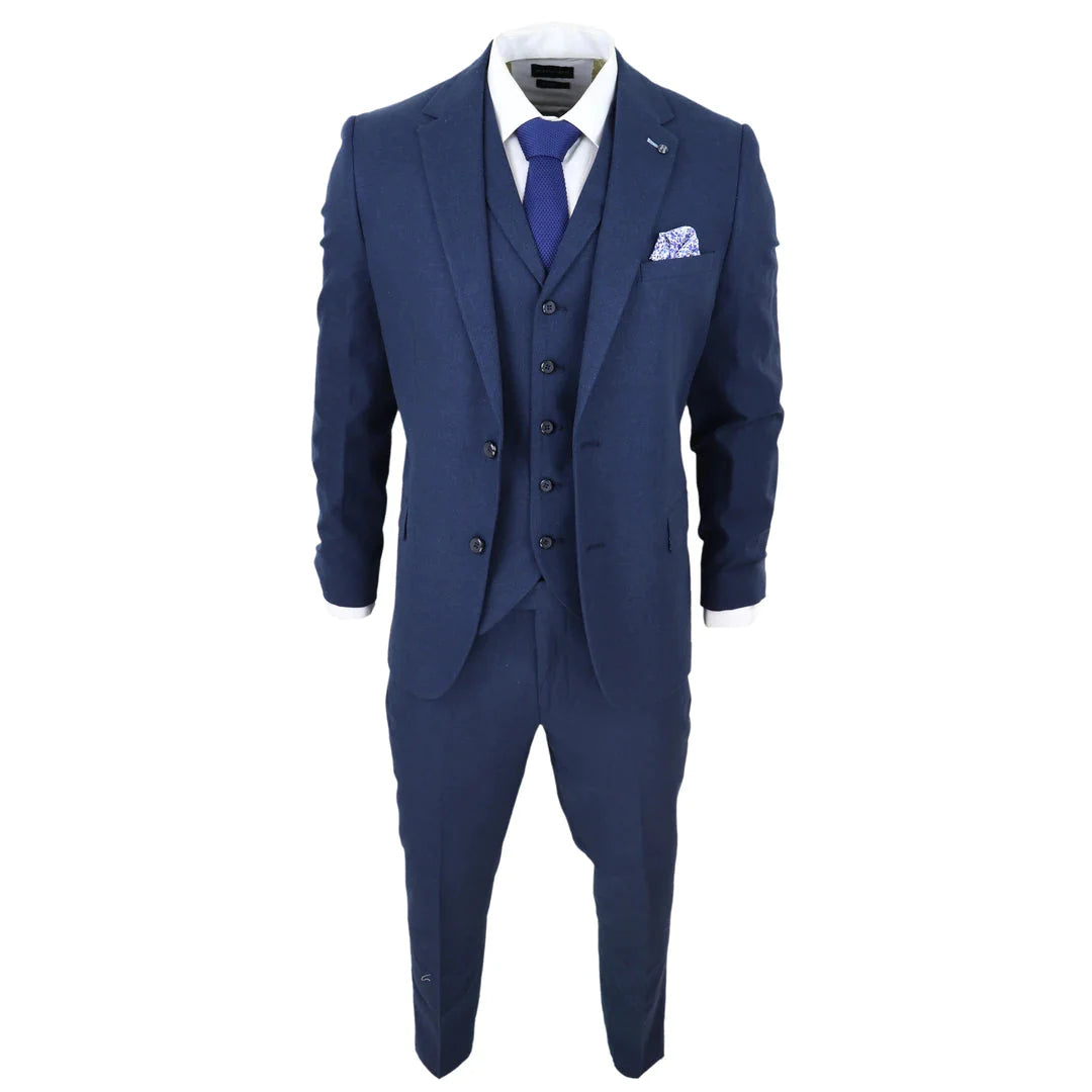 Mens 3 Piece Linen Suit Summer Breathable Wedding Cotton Navy Blue