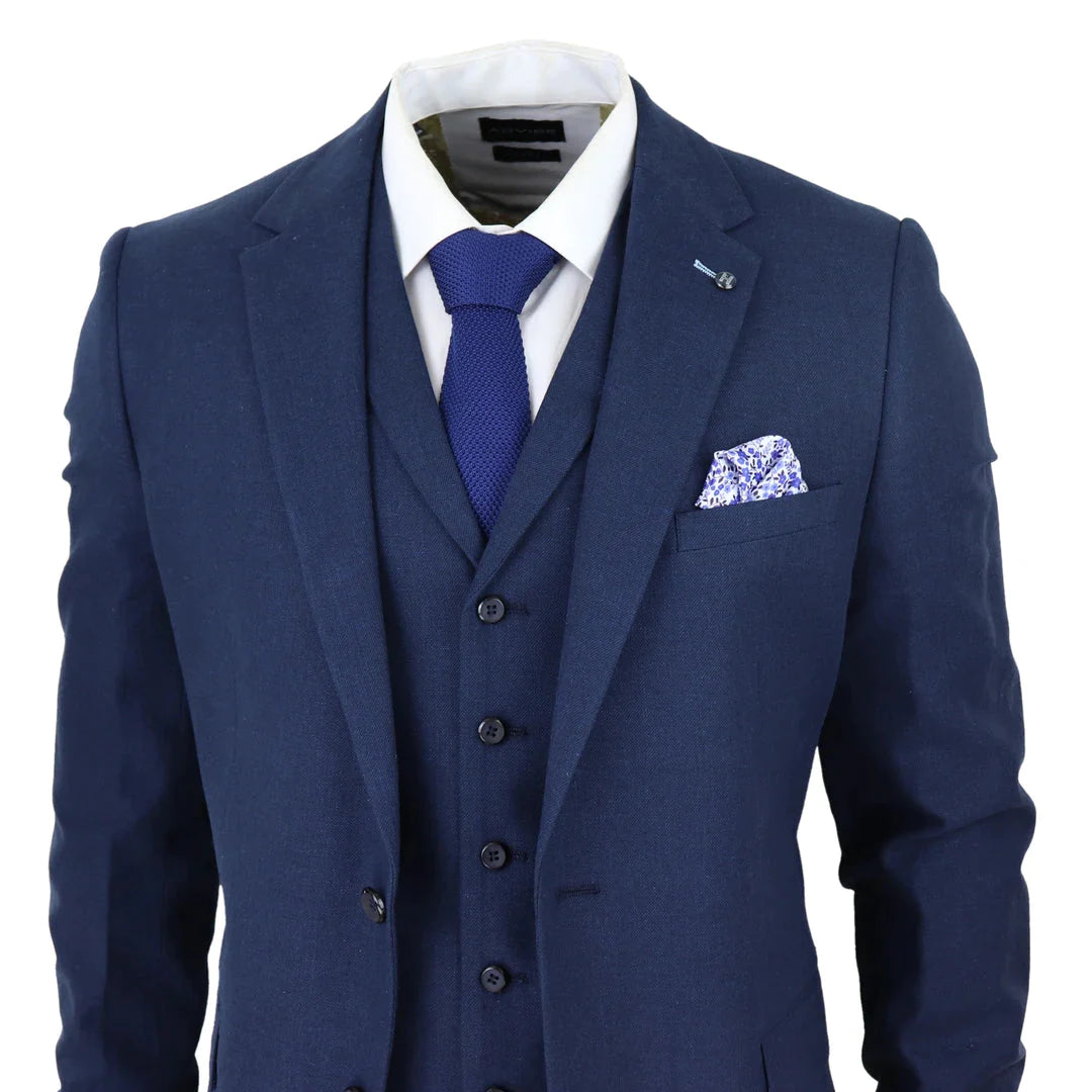 Mens 3 Piece Linen Suit Summer Breathable Wedding Cotton Navy Blue