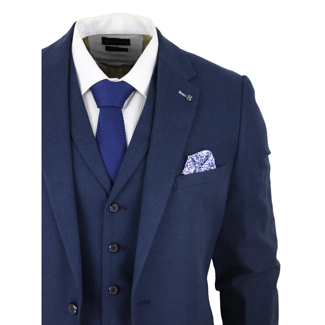 Mens 3 Piece Linen Suit Summer Breathable Wedding Cotton Navy Blue