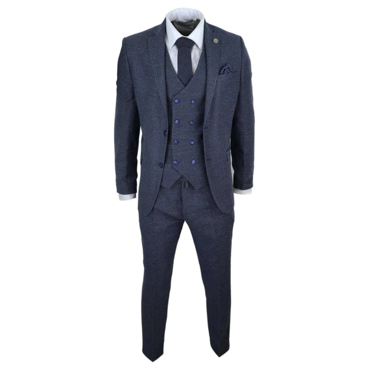 Mens 3 Piece Navy Suit With Double Breasted Waistcoat