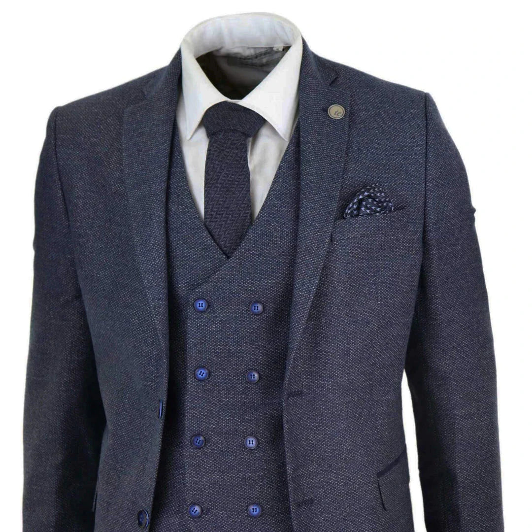 Mens 3 Piece Navy Suit With Double Breasted Waistcoat