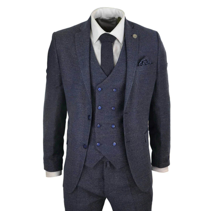 Mens 3 Piece Navy Suit With Double Breasted Waistcoat