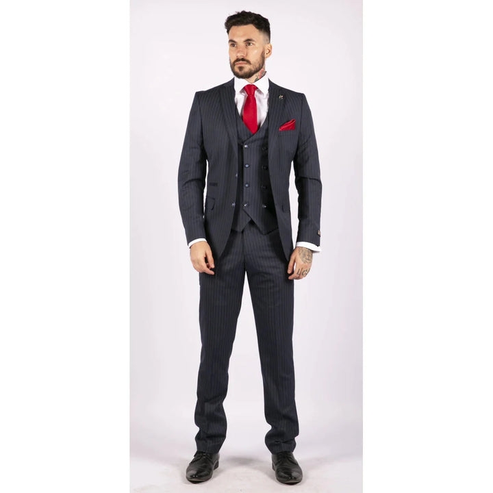 Mens 3 Piece Pinstripe Navy-Blue Suit