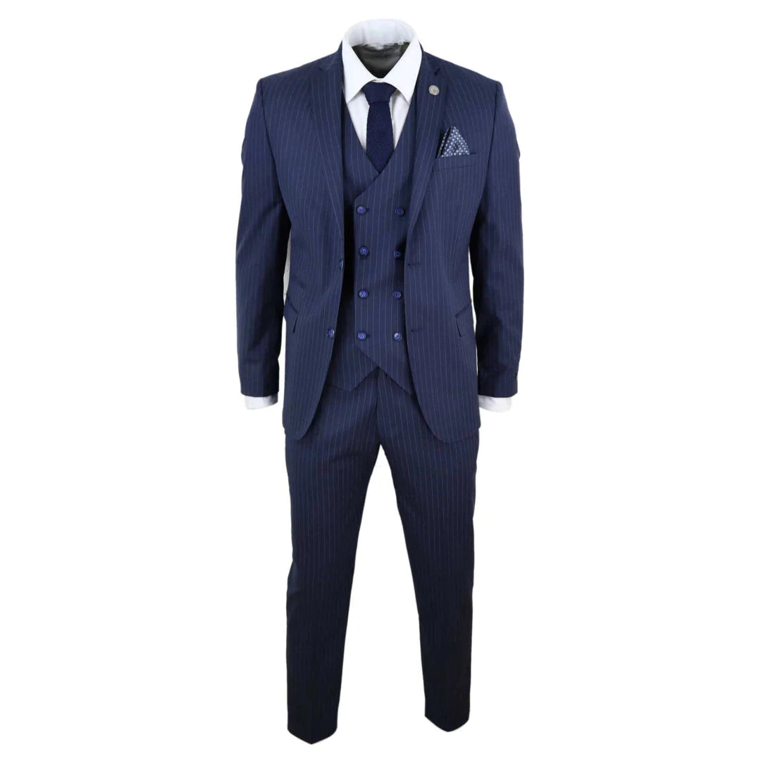 Mens 3 Piece Pinstripe Navy-Blue Suit