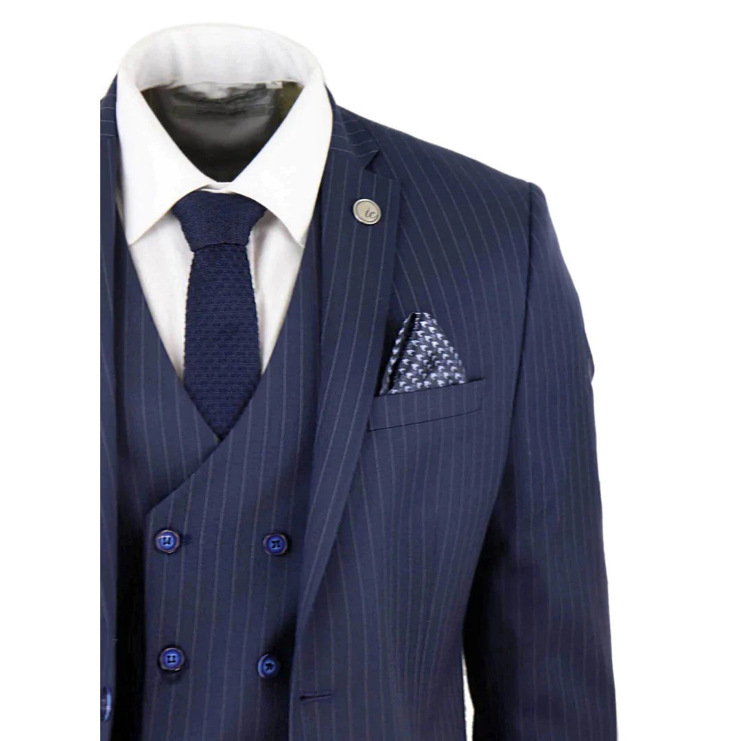 Mens 3 Piece Pinstripe Navy-Blue Suit