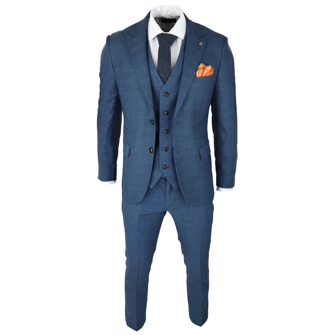 Mens 3 Piece Prince Of Wales Check Suit Blue Classic Light Tailored Fit Modern