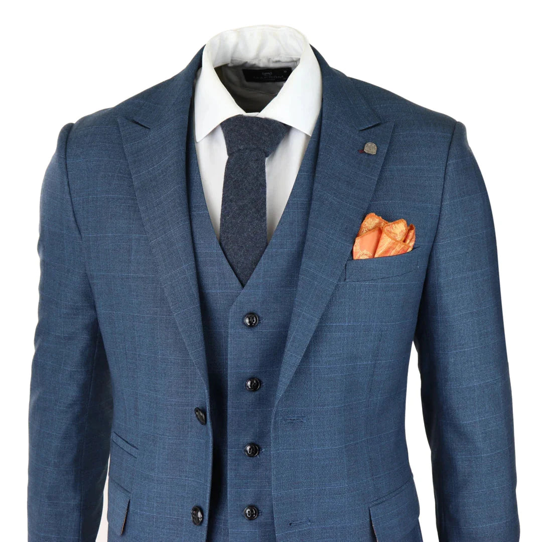 Mens 3 Piece Prince Of Wales Check Suit Blue Classic Light Tailored Fit Modern