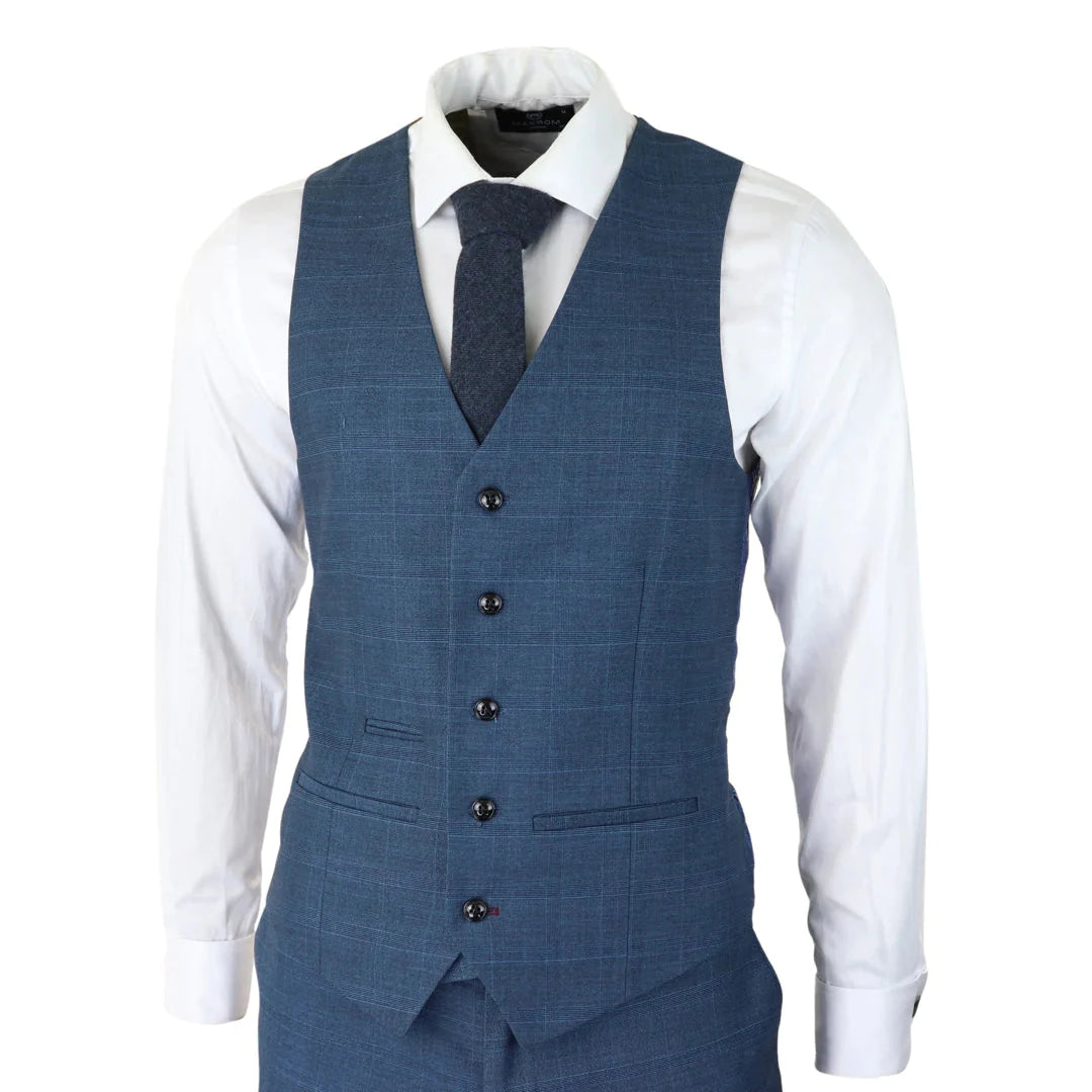 Mens 3 Piece Prince Of Wales Check Suit Blue Classic Light Tailored Fit Modern