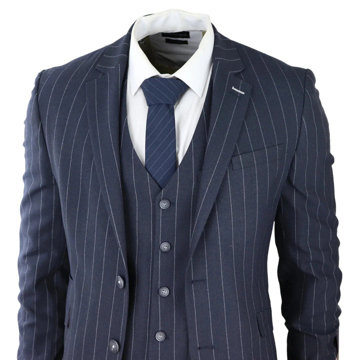 Cavani -  1920's Inspired 3 Piece Pin Stripe Navy Suit