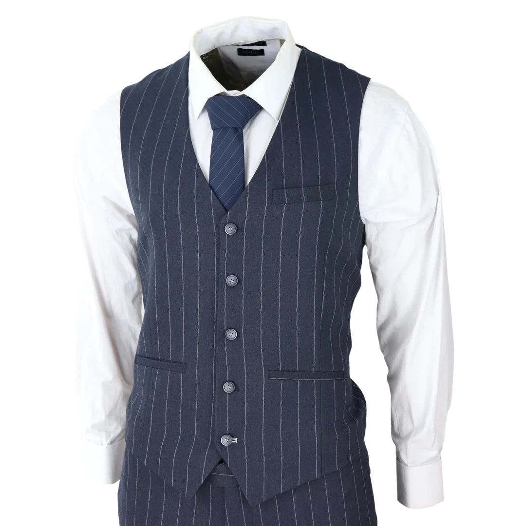 Cavani -  1920's Inspired 3 Piece Pin Stripe Navy Suit