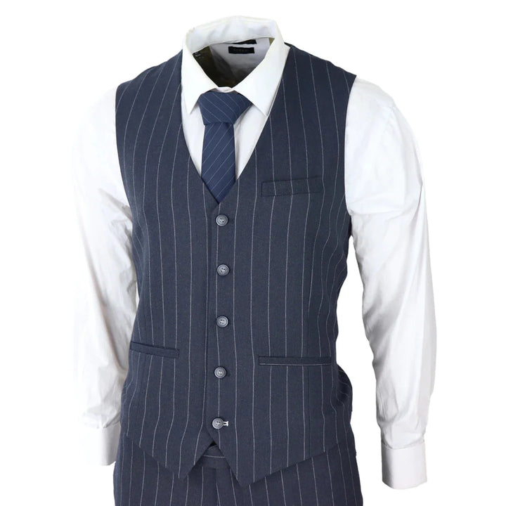 Cavani -  1920's Inspired 3 Piece Pin Stripe Navy Suit