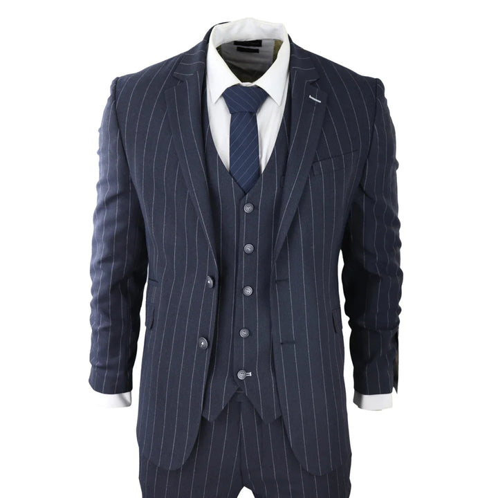 Cavani -  1920's Inspired 3 Piece Pin Stripe Navy Suit