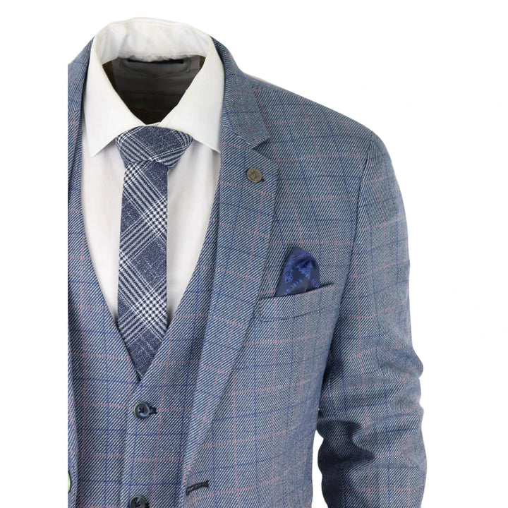 Mens 3 Piece Suit Sky Blue Check Wool Feel Marc Darcy Tailored Fit Wedding Prom Harry