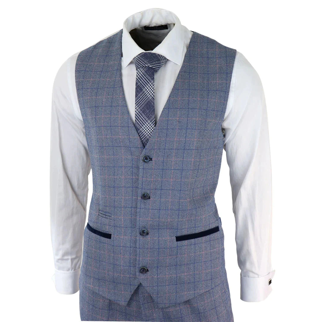 Mens 3 Piece Suit Sky Blue Check Wool Feel Marc Darcy Tailored Fit Wedding Prom Harry