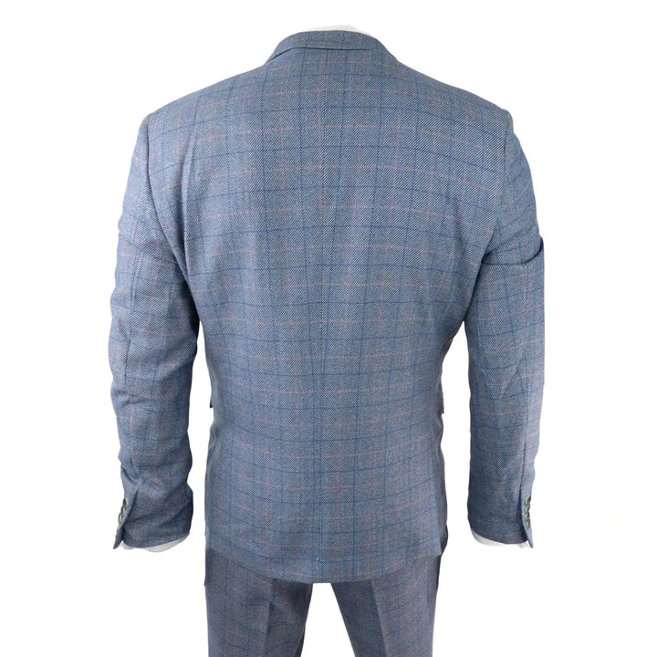 Mens 3 Piece Suit Sky Blue Check Wool Feel Marc Darcy Tailored Fit Wedding Prom Harry