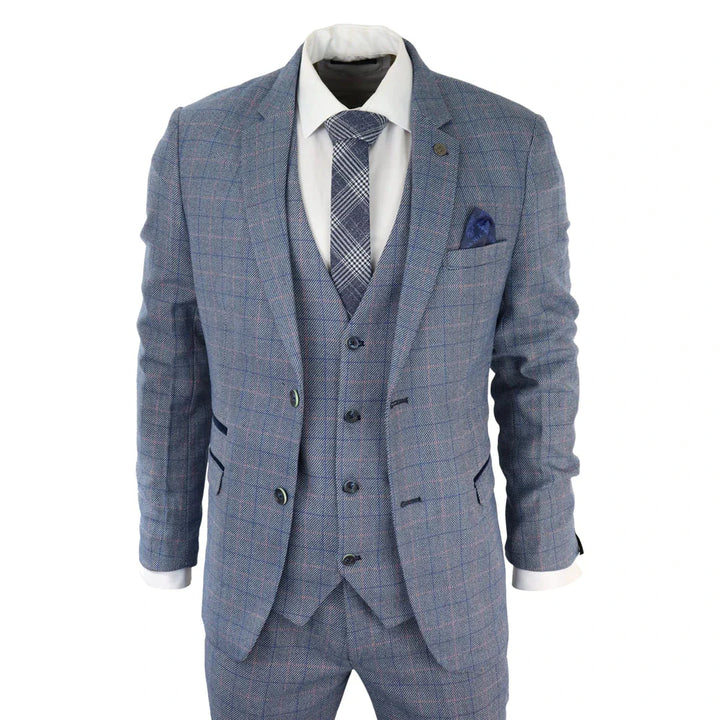 Mens 3 Piece Suit Sky Blue Check Wool Feel Marc Darcy Tailored Fit Wedding Prom Harry