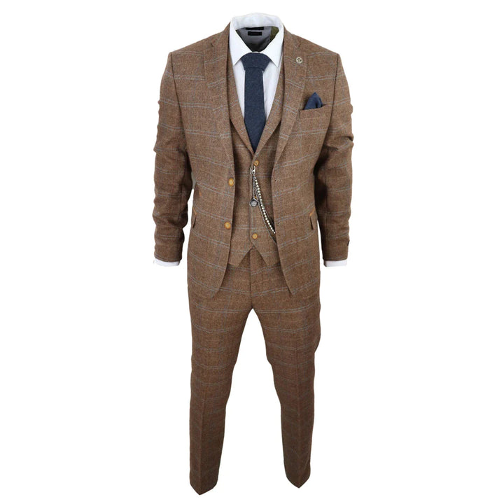 Tru Clothing - 3 Piece Brown Tweed Suit with Blue Check