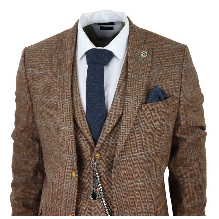 Tru Clothing - 3 Piece Brown Tweed Suit with Blue Check