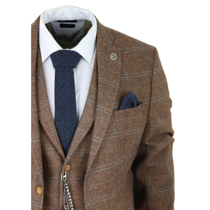 Tru Clothing - 3 Piece Brown Tweed Suit with Blue Check