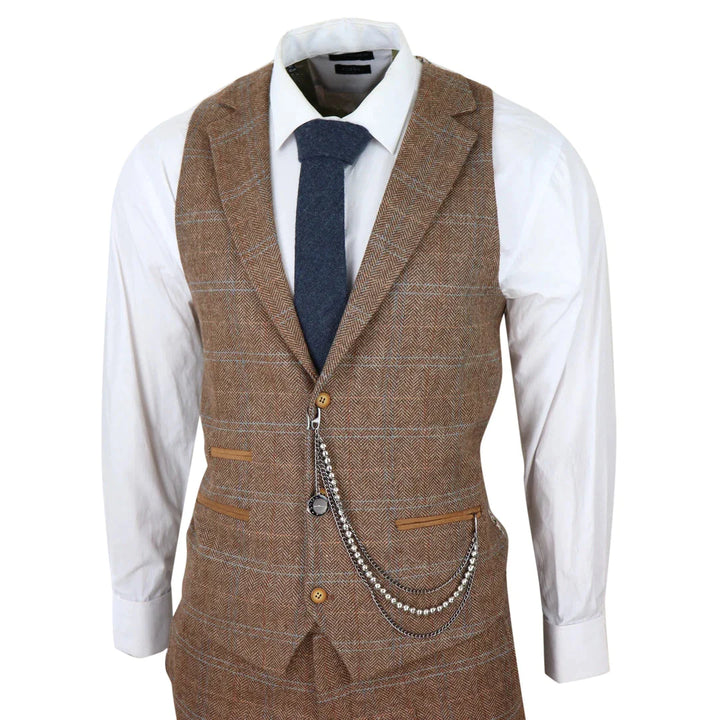 Tru Clothing - 3 Piece Brown Tweed Suit with Blue Check