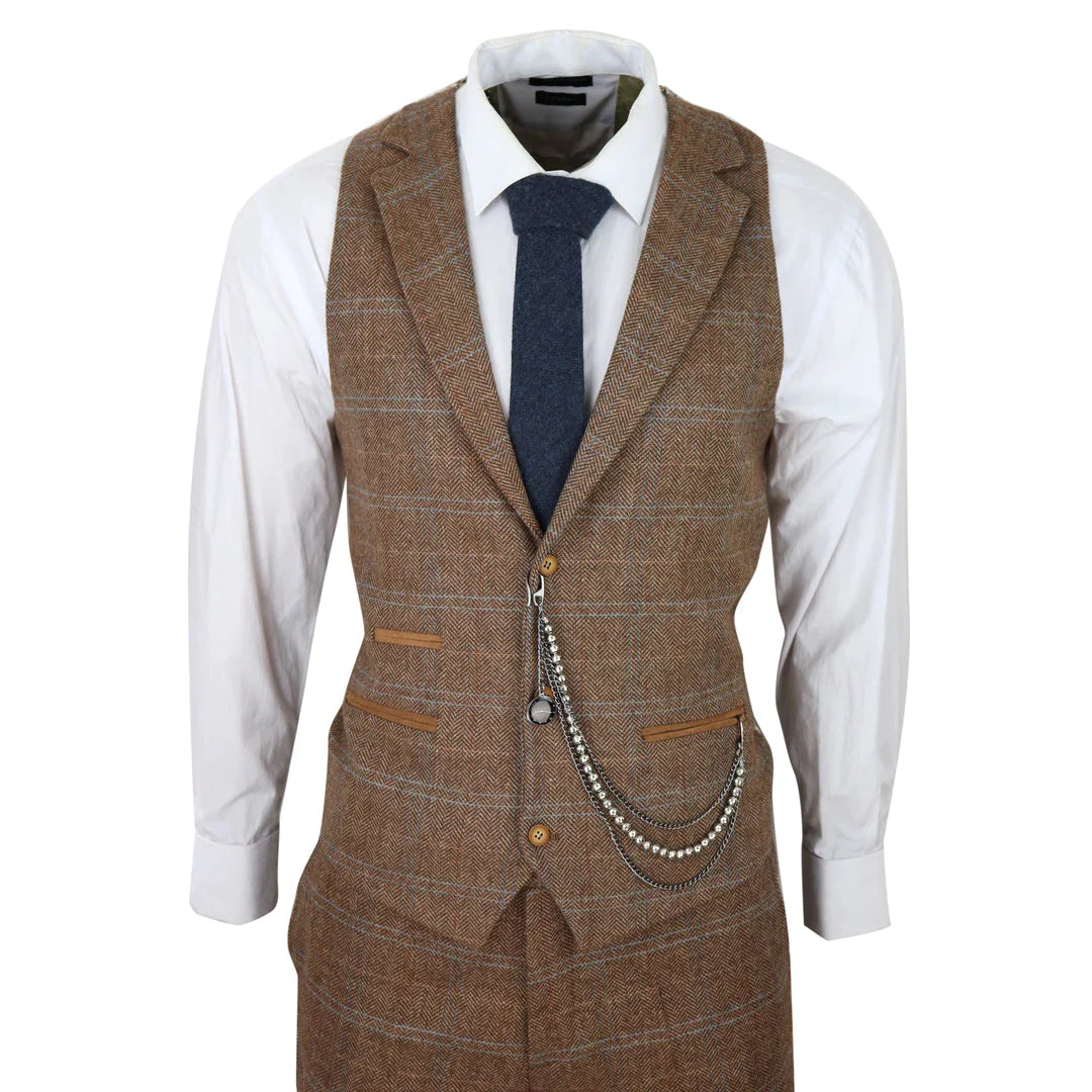 Tru Clothing - 3 Piece Brown Tweed Suit with Blue Check