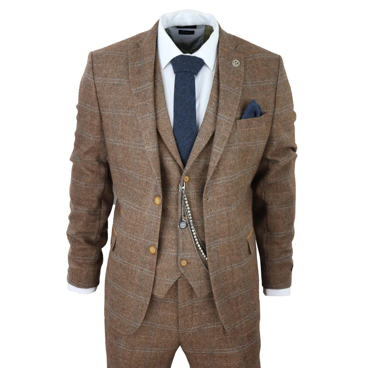 Tru Clothing - 3 Piece Brown Tweed Suit with Blue Check