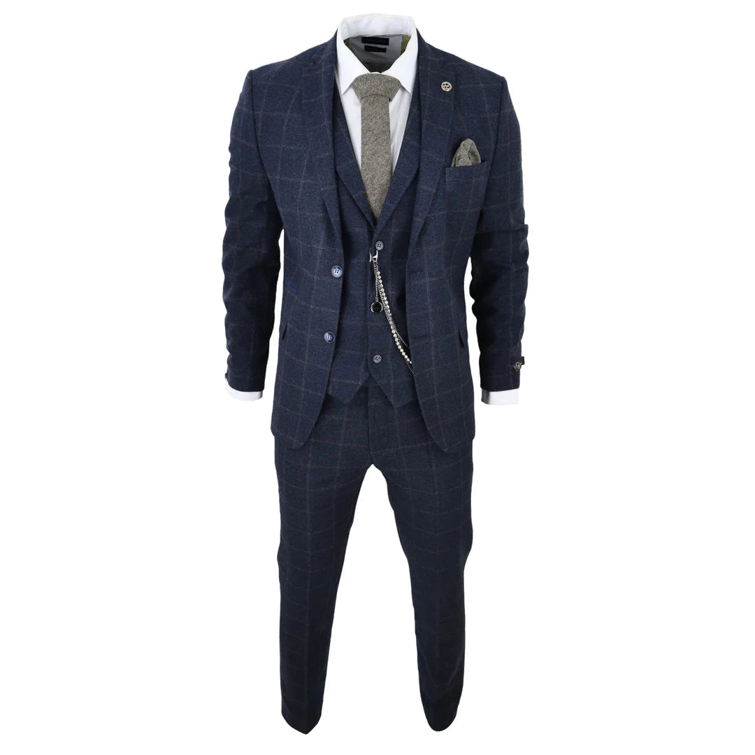 Tru Clothing - 3 Piece Tweed Navy Suit with Blue Brown Check