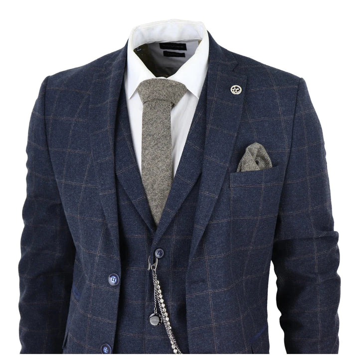 Tru Clothing - 3 Piece Tweed Navy Suit with Blue Brown Check