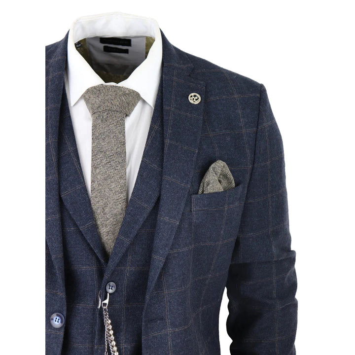 Tru Clothing - 3 Piece Tweed Navy Suit with Blue Brown Check