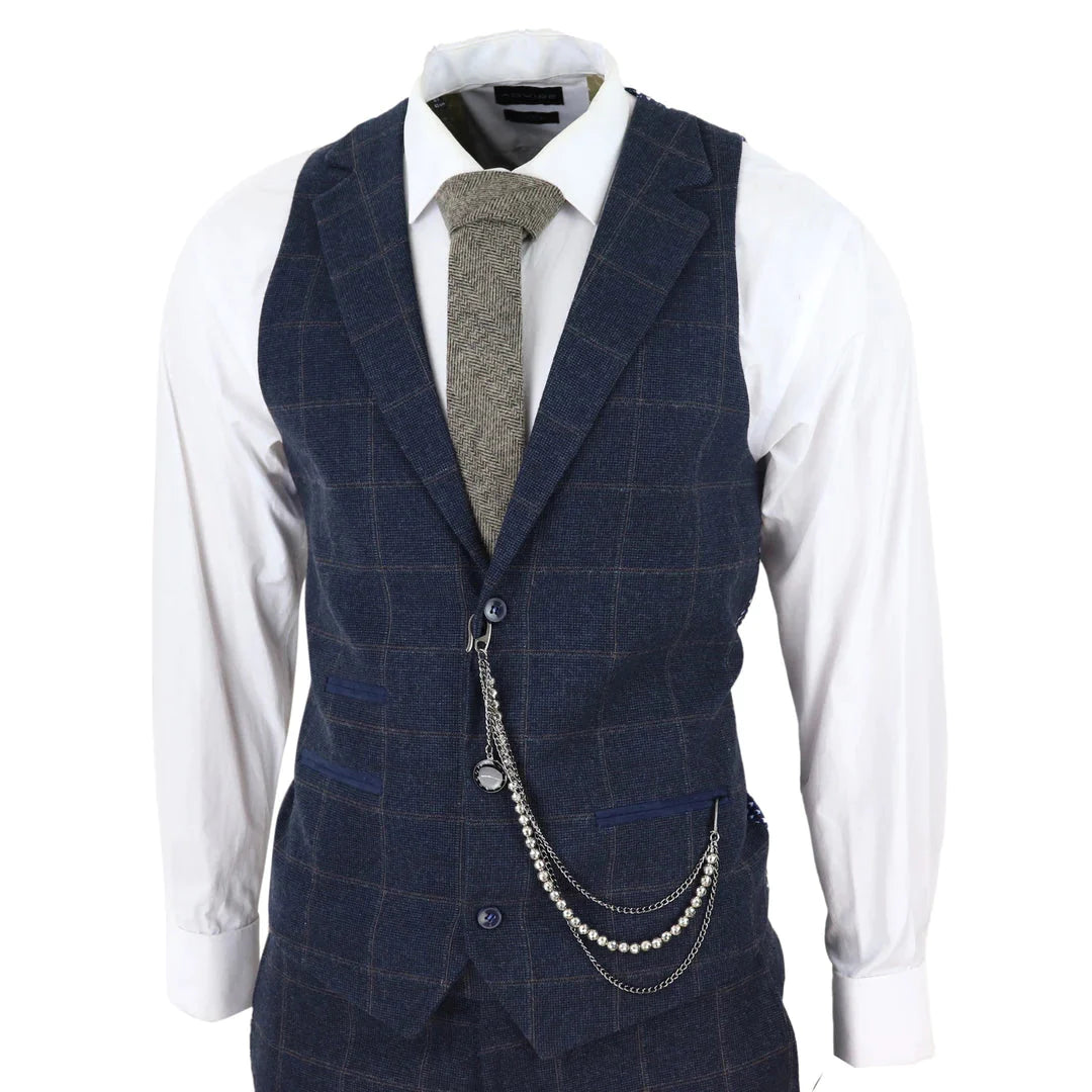 Tru Clothing - 3 Piece Tweed Navy Suit with Blue Brown Check