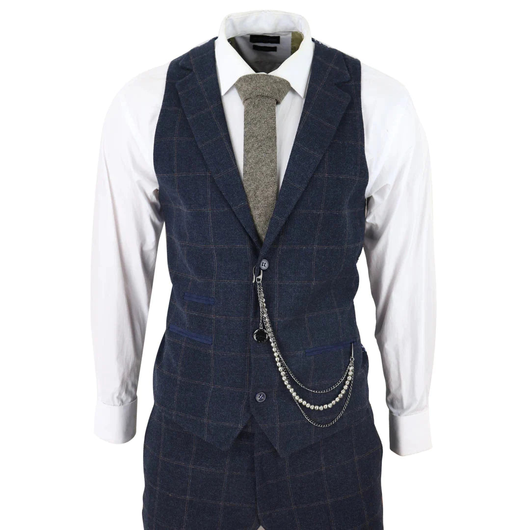 Tru Clothing - 3 Piece Tweed Navy Suit with Blue Brown Check